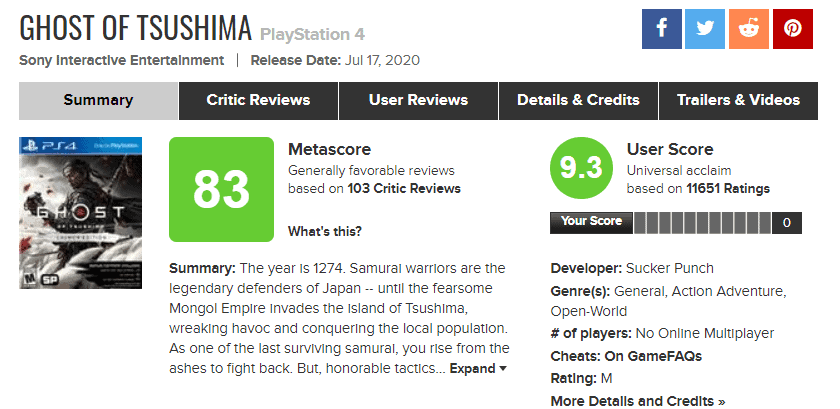 ghost of tsushima metacritic